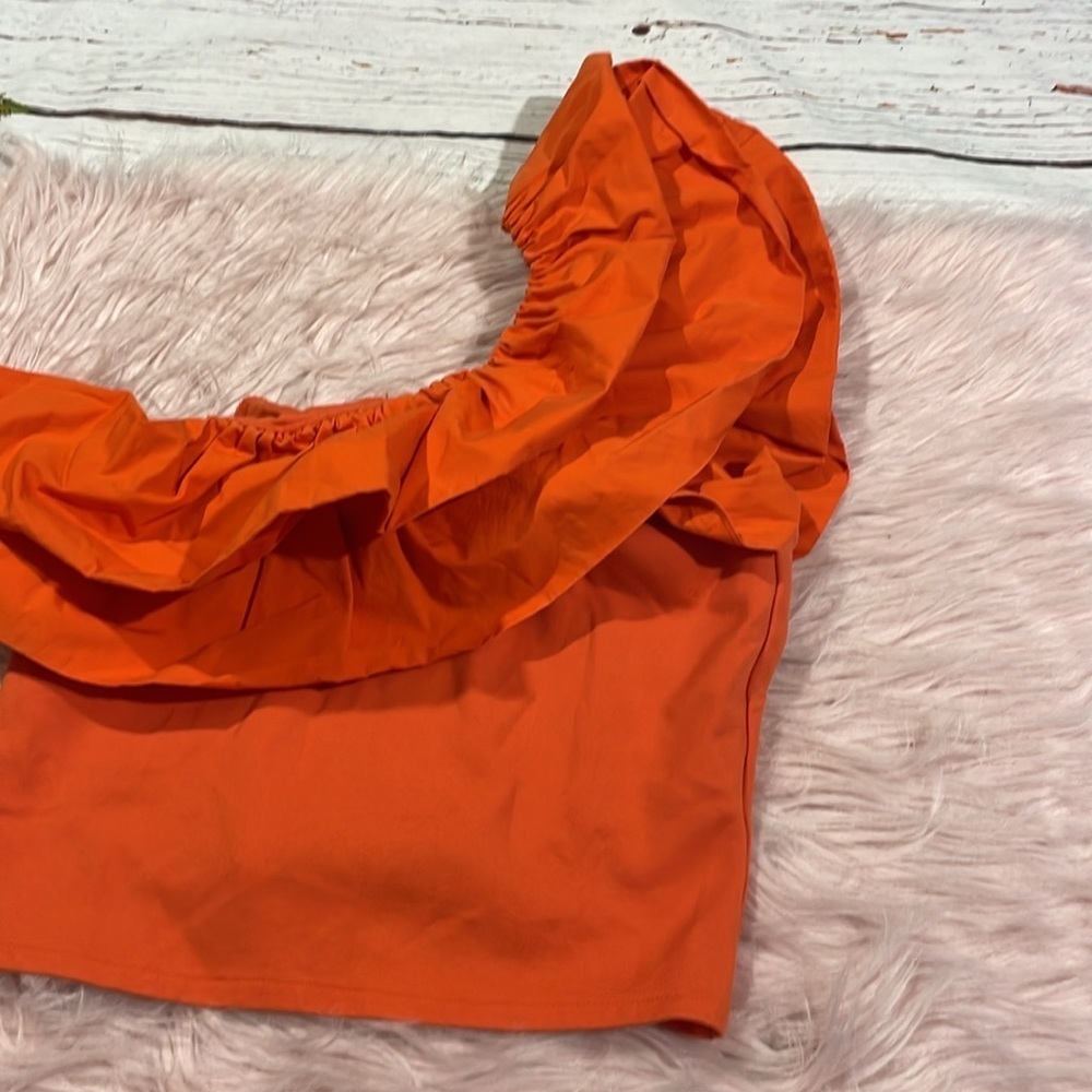 One-Shoulder Ruffle Crop Top - Orange - Picture 7 of 9